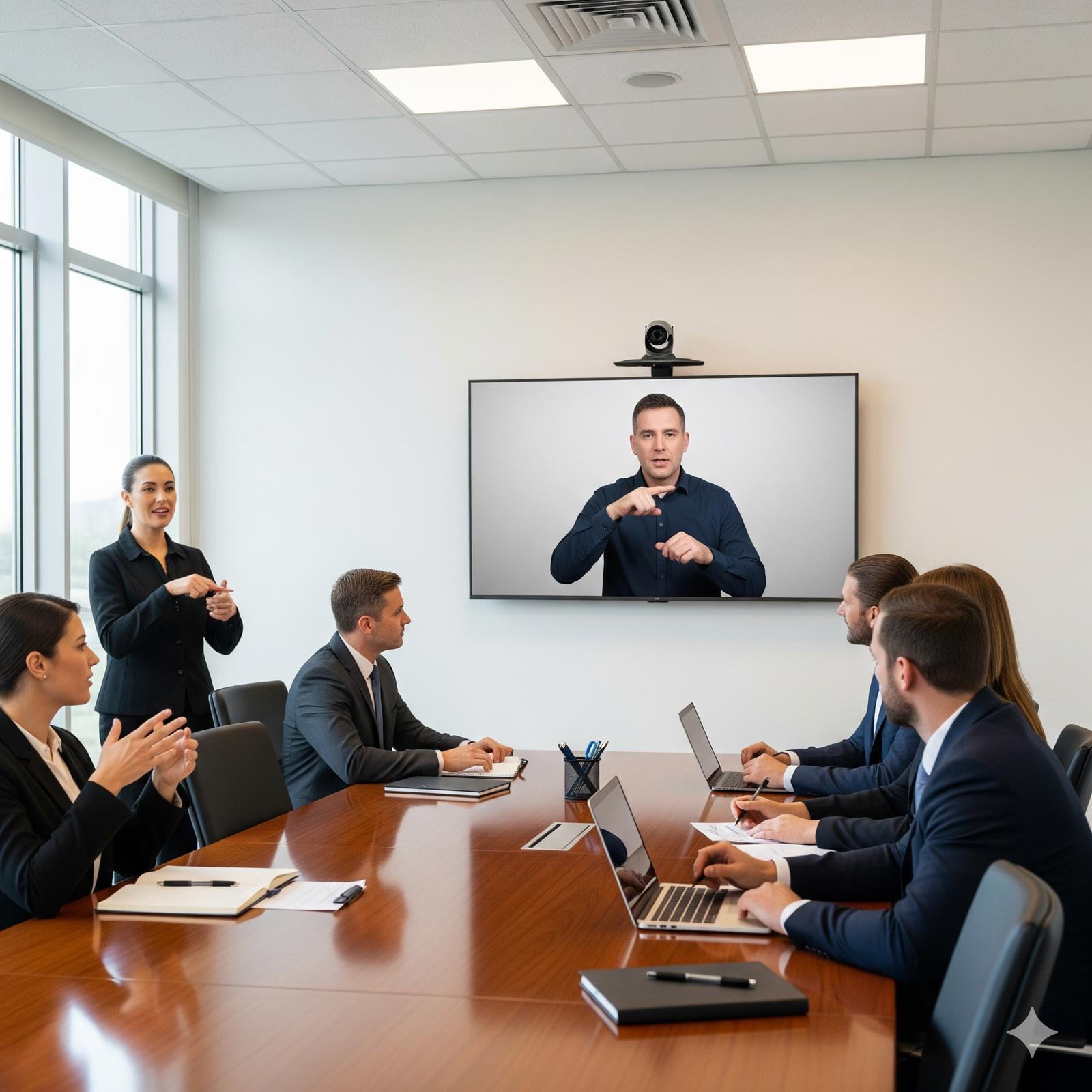 Professional ASL interpreter providing live interpretation services at a conference